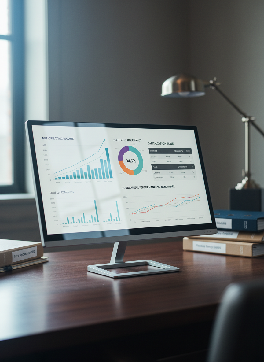 A close-up, eye-level view of a detailed financial performance dashboard displayed on a sleek, thin-bezel monitor, set on a dark wood executive desk in a quiet office, rendered in photographic realism. The screen shows colorful yet sophisticated charts, capitalization tables, and occupancy graphs clearly labeled for a multifamily portfolio, with crisp lines and precise typography. Soft, cool daylight filters through a large unseen window, creating subtle reflections on the monitor and desk surface, while leaving the room around in gentle blur. In the background, slightly out of focus, are neatly stacked property binders and a modern metal desk lamp, implying disciplined asset and fund management. The composition uses a shallow depth of field and rule-of-thirds framing, creating a calm, data-driven, and highly professional atmosphere that communicates analytical rigor and investor confidence.