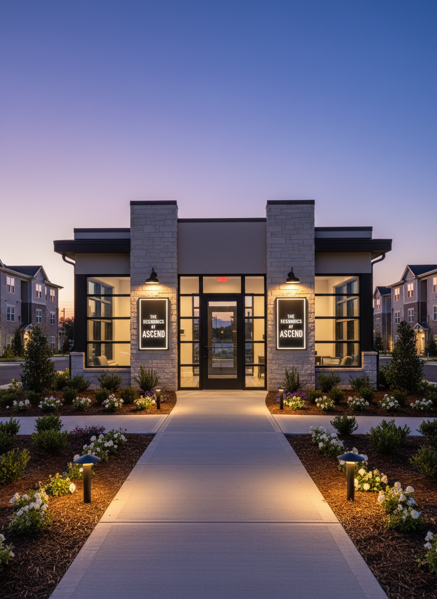 A meticulously maintained multifamily property leasing office exterior at twilight, captured in photographic realism from an eye-level, symmetrical vantage point. A clean, contemporary building entrance with stone accents and dark-framed glass doors is framed by evenly spaced, well-lit signage featuring the community name in modern lettering. Warm, inviting exterior sconces cast soft golden light on the textured façade and freshly mulched flower beds, while subtle pathway lights trace a gently curving concrete walkway. The sky transitions from deep blue to dusky purple, creating a sophisticated backdrop. The mood is welcoming yet professional, suggesting strong property management and curb appeal that attracts quality tenants. The composition emphasizes straight vertical lines, balanced landscaping, and crisp detail in the foreground, with a slightly softened background of additional units hinting at a larger, well-run multifamily asset.